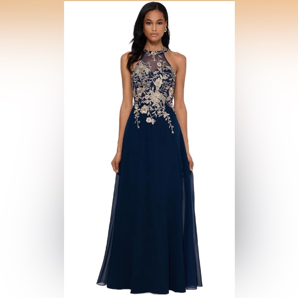 Betsy & Adam Sleeveless V-Neck, Floor-Length, Gown with Embroidered Bodice - 4P